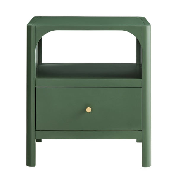 English Elm Williamson Mid-Century Nightstand with Open Shelf Brass Knob and Lacquer Wood Finish Green B050P544100