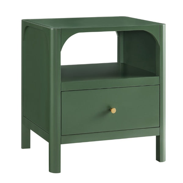 English Elm Williamson Mid-Century Nightstand with Open Shelf Brass Knob and Lacquer Wood Finish Green B050P544100