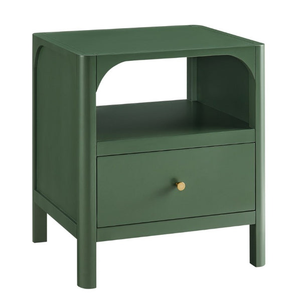 English Elm Williamson Mid-Century Nightstand with Open Shelf Brass Knob and Lacquer Wood Finish Green B050P544100