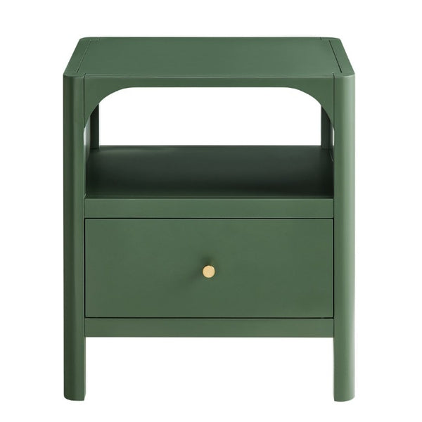 English Elm Williamson Mid-Century Nightstand with Open Shelf Brass Knob and Lacquer Wood Finish Green B050P544100