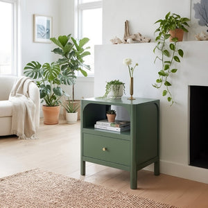 English Elm Williamson Mid-Century Nightstand with Open Shelf Brass Knob and Lacquer Wood Finish Green B050P544100