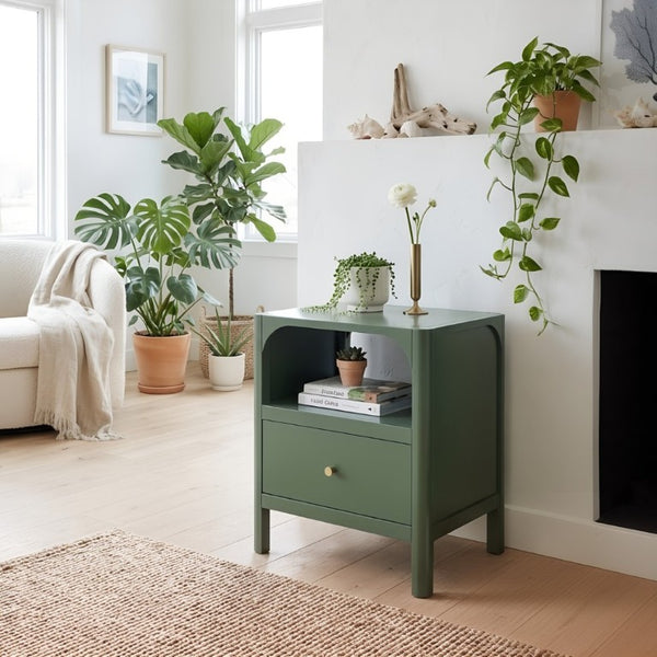 English Elm Williamson Mid-Century Nightstand with Open Shelf Brass Knob and Lacquer Wood Finish Green B050P544100