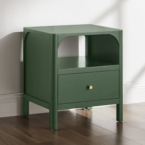 English Elm Williamson Mid-Century Nightstand with Open Shelf Brass Knob and Lacquer Wood Finish Green B050P544100