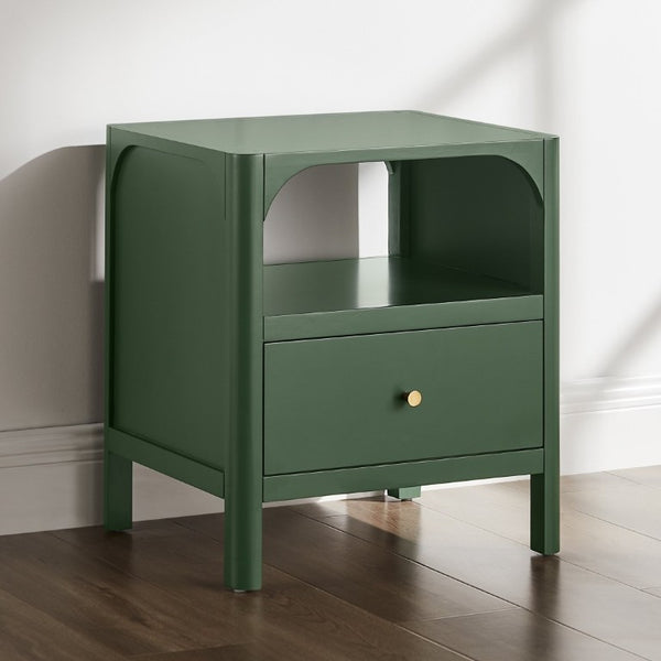 English Elm Williamson Mid-Century Nightstand with Open Shelf Brass Knob and Lacquer Wood Finish Green B050P544100
