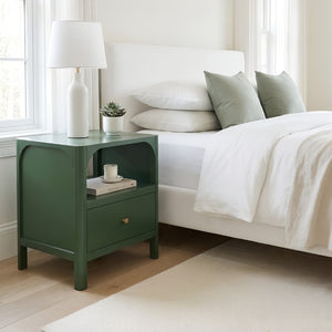 English Elm Williamson Mid-Century Nightstand with Open Shelf Brass Knob and Lacquer Wood Finish Green B050P544100