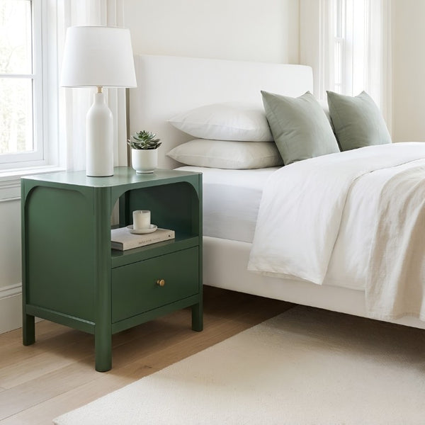 English Elm Williamson Mid-Century Nightstand with Open Shelf Brass Knob and Lacquer Wood Finish Green B050P544100
