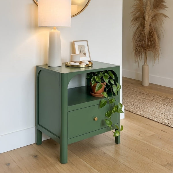 English Elm Williamson Mid-Century Nightstand with Open Shelf Brass Knob and Lacquer Wood Finish Green B050P544100