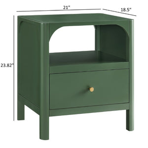 English Elm Williamson Mid-Century Nightstand with Open Shelf Brass Knob and Lacquer Wood Finish Green B050P544100