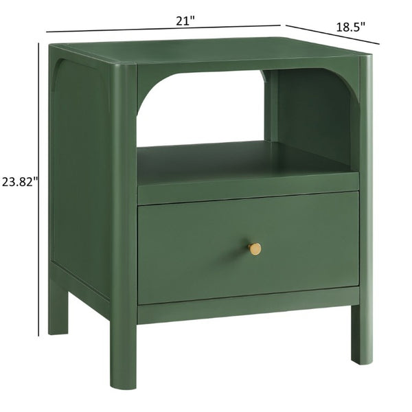 English Elm Williamson Mid-Century Nightstand with Open Shelf Brass Knob and Lacquer Wood Finish Green B050P544100