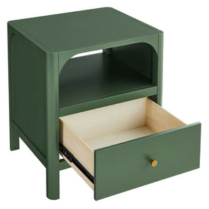 English Elm Williamson Mid-Century Nightstand with Open Shelf Brass Knob and Lacquer Wood Finish Green B050P544100