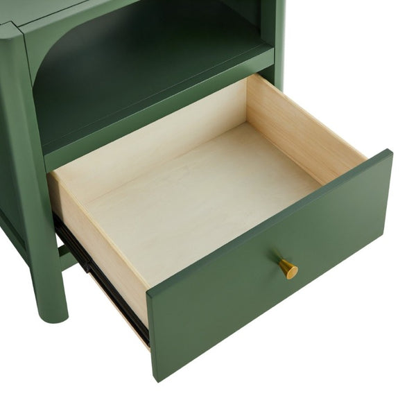 English Elm Williamson Mid-Century Nightstand with Open Shelf Brass Knob and Lacquer Wood Finish Green B050P544100