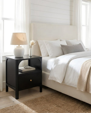 English Elm Williamson Mid-Century Nightstand with Open Shelf Brass Knob and Lacquer Wood Finish Black B050P544101
