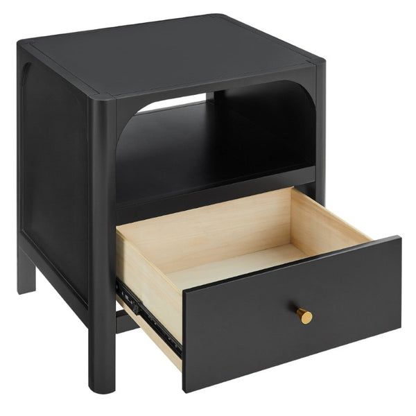 English Elm Williamson Mid-Century Nightstand with Open Shelf Brass Knob and Lacquer Wood Finish Black B050P544101
