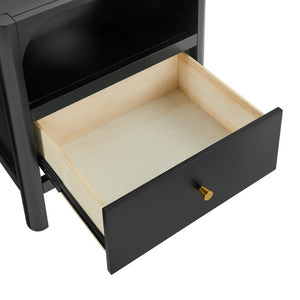 English Elm Williamson Mid-Century Nightstand with Open Shelf Brass Knob and Lacquer Wood Finish Black B050P544101