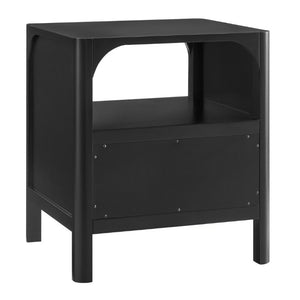 English Elm Williamson Mid-Century Nightstand with Open Shelf Brass Knob and Lacquer Wood Finish Black B050P544101
