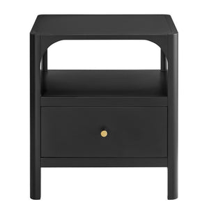 English Elm Williamson Mid-Century Nightstand with Open Shelf Brass Knob and Lacquer Wood Finish Black B050P544101