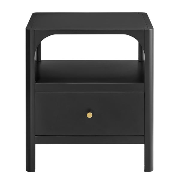English Elm Williamson Mid-Century Nightstand with Open Shelf Brass Knob and Lacquer Wood Finish Black B050P544101