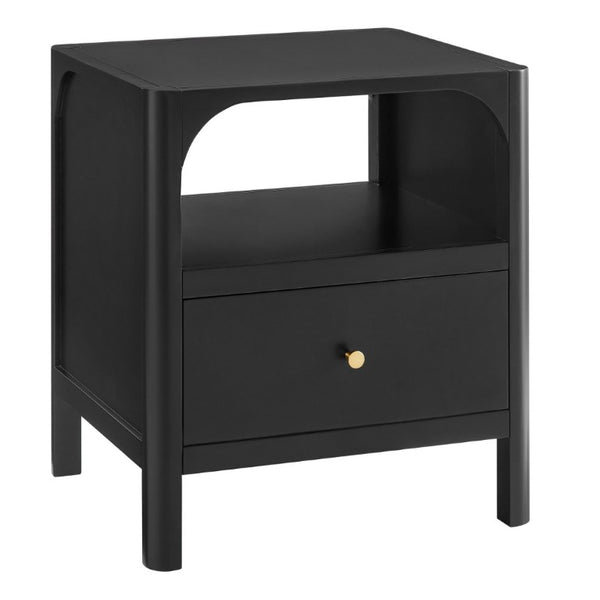 English Elm Williamson Mid-Century Nightstand with Open Shelf Brass Knob and Lacquer Wood Finish Black B050P544101