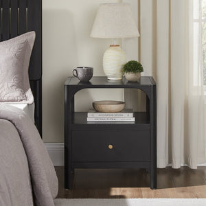 English Elm Williamson Mid-Century Nightstand with Open Shelf Brass Knob and Lacquer Wood Finish Black B050P544101