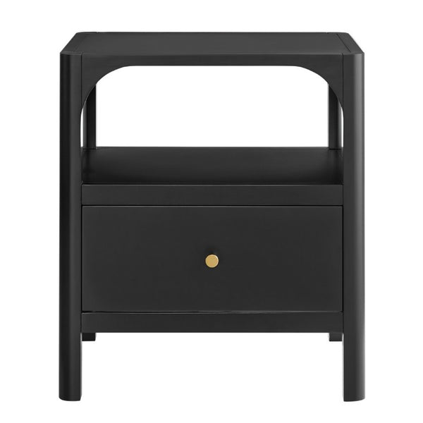 English Elm Williamson Mid-Century Nightstand with Open Shelf Brass Knob and Lacquer Wood Finish Black B050P544101