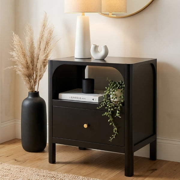 English Elm Williamson Mid-Century Nightstand with Open Shelf Brass Knob and Lacquer Wood Finish Black B050P544101