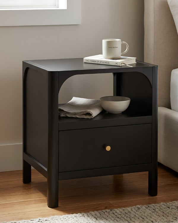English Elm Williamson Mid-Century Nightstand with Open Shelf Brass Knob and Lacquer Wood Finish Black B050P544101