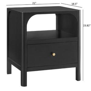 English Elm Williamson Mid-Century Nightstand with Open Shelf Brass Knob and Lacquer Wood Finish Black B050P544101