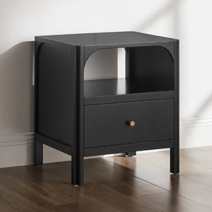 English Elm Williamson Mid-Century Nightstand with Open Shelf Brass Knob and Lacquer Wood Finish Black B050P544101
