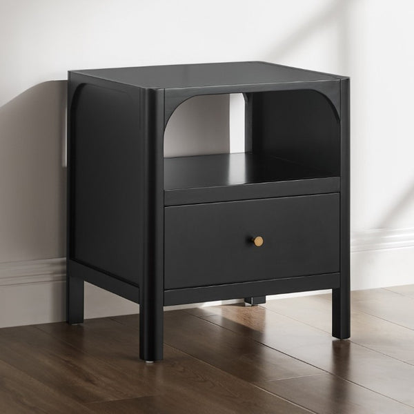 English Elm Williamson Mid-Century Nightstand with Open Shelf Brass Knob and Lacquer Wood Finish Black B050P544101