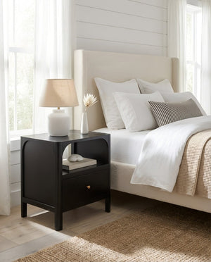 English Elm Williamson Mid-Century Nightstand with Open Shelf Brass Knob and Lacquer Wood Finish Black B050P544101