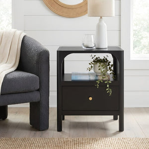 English Elm Williamson Mid-Century Nightstand with Open Shelf Brass Knob and Lacquer Wood Finish Black B050P544101