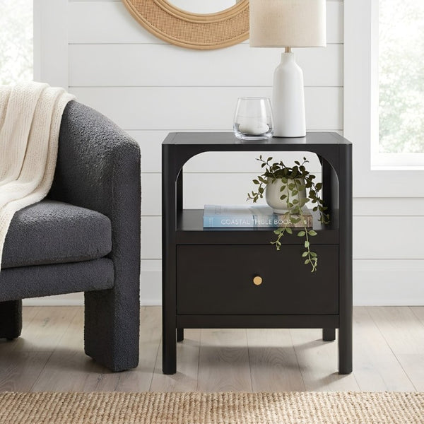 English Elm Williamson Mid-Century Nightstand with Open Shelf Brass Knob and Lacquer Wood Finish Black B050P544101