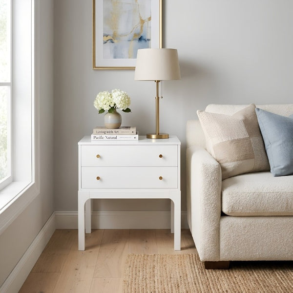 English Elm Alonso Two Drawer Nightstand White Lacquer Finish with Gold Tone Hardware Bedroom B050P544102