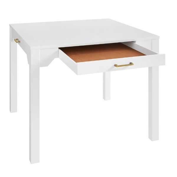 English Elm Alleyville Square White Game Table with Antique Gold Hardware and Pull Through Drawer B050P544103