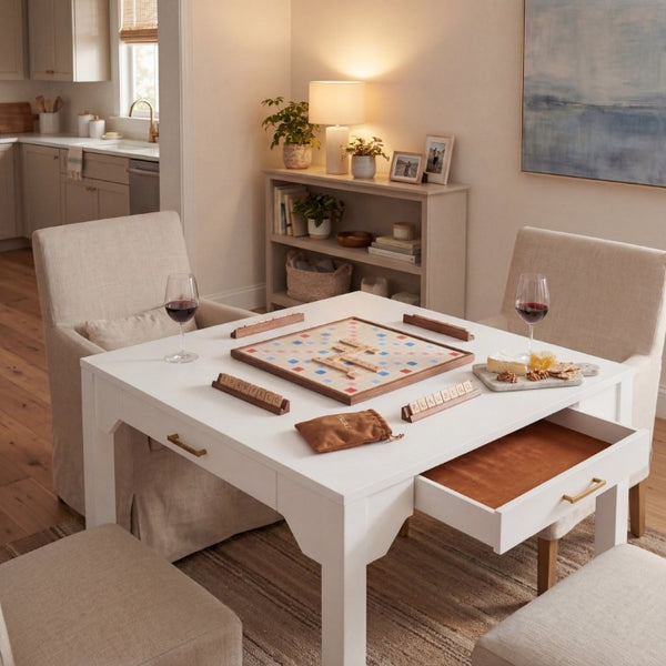 English Elm Alleyville Square White Game Table with Antique Gold Hardware and Pull Through Drawer B050P544103