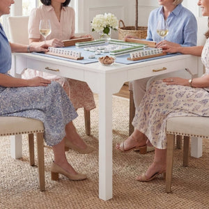 English Elm Alleyville Square White Game Table with Antique Gold Hardware and Pull Through Drawer B050P544103