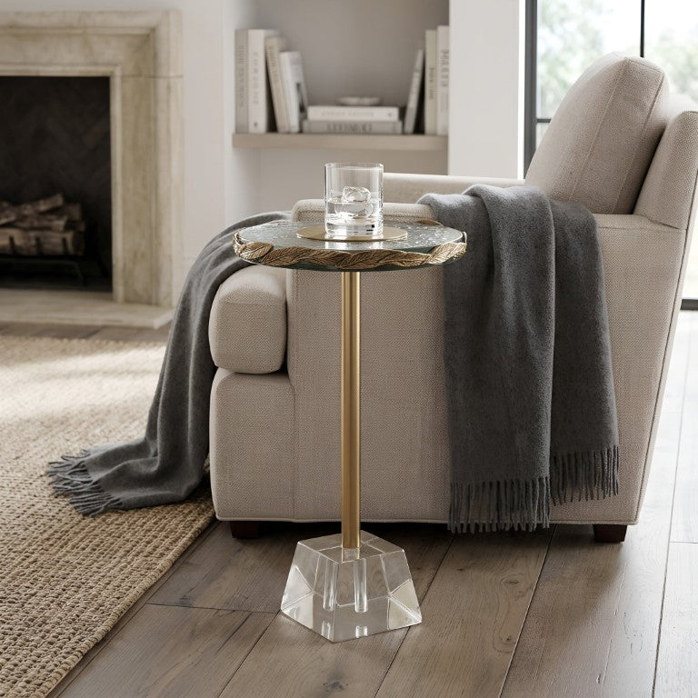 English Elm Anaheim Bubble Glass Accent Table with Cast Gold Leaf Rim and Crystal Base B050P596348