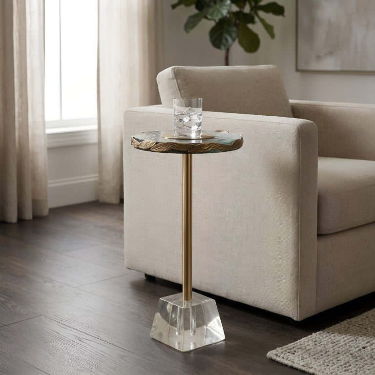 English Elm Anaheim Bubble Glass Accent Table with Cast Gold Leaf Rim and Crystal Base B050P596348