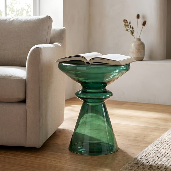 English Elm Aventura Artisan Hand Blown Glass Accent Table Sculptural Emerald Hourglass Form B050P596349