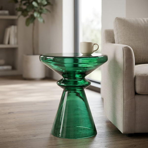 English Elm Aventura Artisan Hand Blown Glass Accent Table Sculptural Emerald Hourglass Form B050P596349
