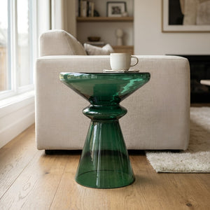 English Elm Aventura Artisan Hand Blown Glass Accent Table Sculptural Emerald Hourglass Form B050P596349