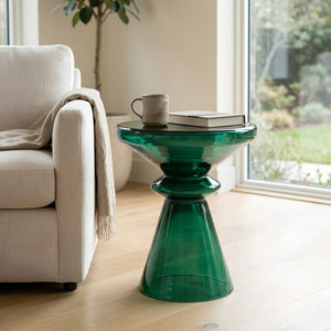English Elm Aventura Artisan Hand Blown Glass Accent Table Sculptural Emerald Hourglass Form B050P596349