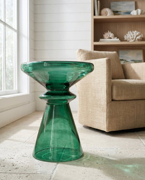 English Elm Aventura Artisan Hand Blown Glass Accent Table Sculptural Emerald Hourglass Form B050P596349