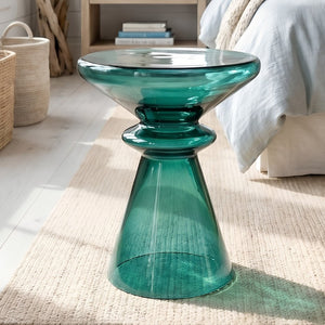 English Elm Aventura Artisan Hand Blown Glass Accent Table Sculptural Emerald Hourglass Form B050P596349