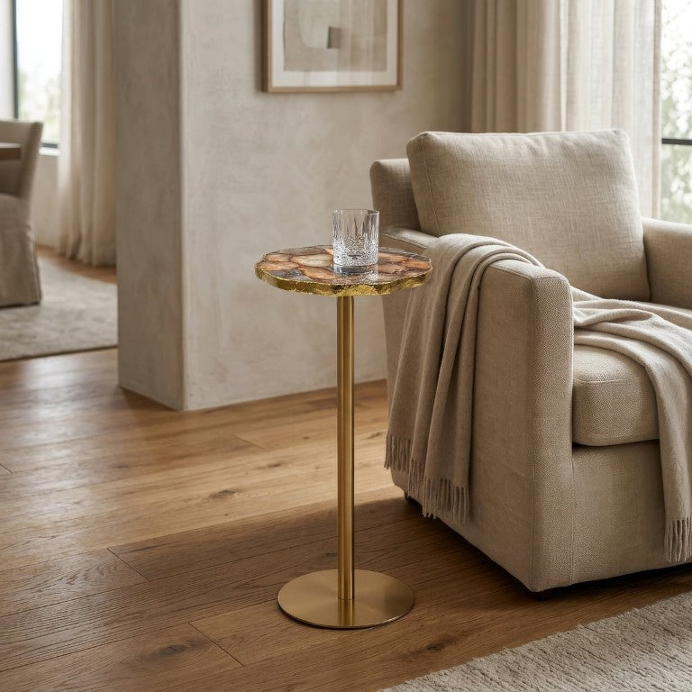 English Elm Champaign Yellow Agate Top Round Pedestal Accent Table with Gold Iron Base B050P596351