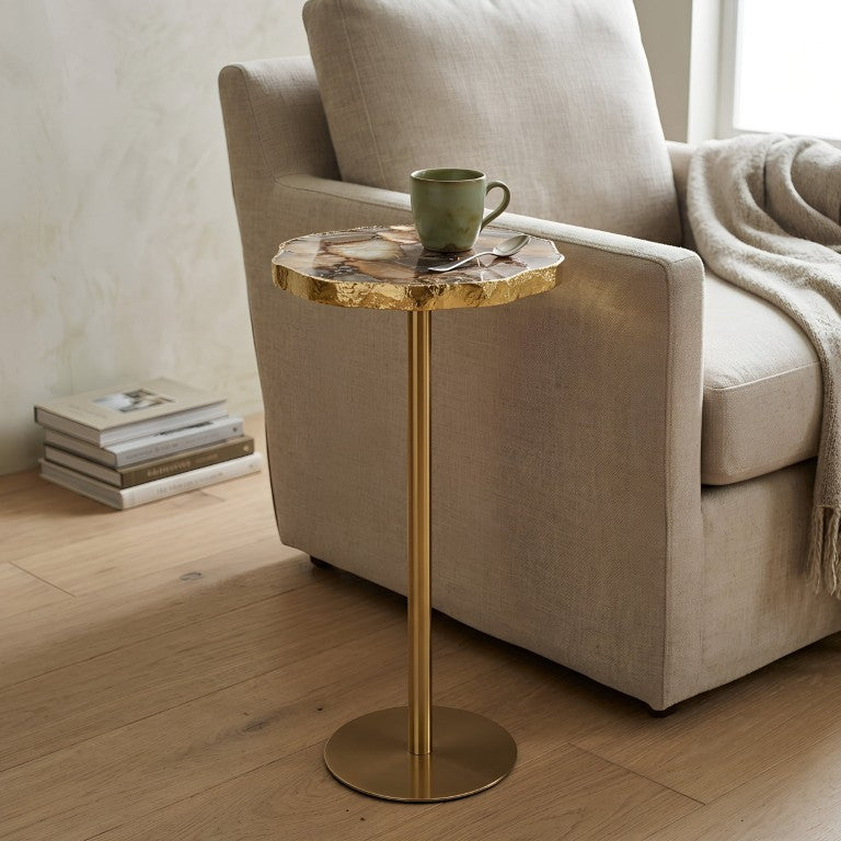 English Elm Champaign Yellow Agate Top Round Pedestal Accent Table with Gold Iron Base B050P596351