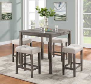 English Elm Lucian Farmhouse Pub Set with Distressed Wood Table and Tufted Linen Counter Stools B06177971
