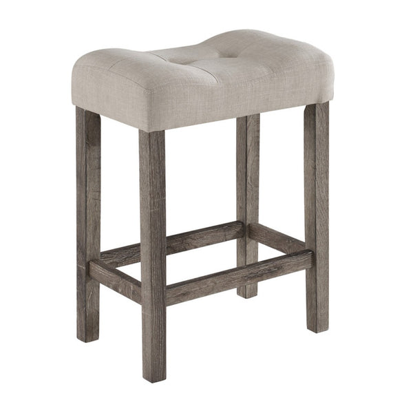 English Elm Lucian Farmhouse Pub Set with Distressed Wood Table and Tufted Linen Counter Stools B06177971