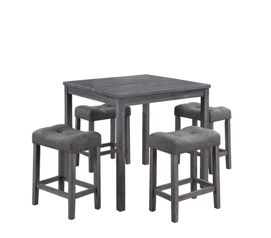 English Elm Lucian Gray Distressed Wood Pub Table Set with Four Tufted Linen Counter Stools B06177972