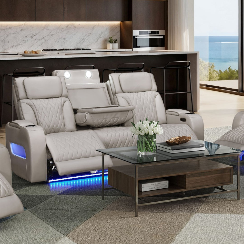English Elm Jazz Power Reclining Sofa with Leather Aire Quilted Upholstery and Led Ambient Lighting B061P361347